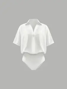 2 Piece Women's Spring Summer Fashion Comfortable Fitted Collared Short Sleeve Jumpsuit Set, Casual Plain Minimalist Design for Stylish