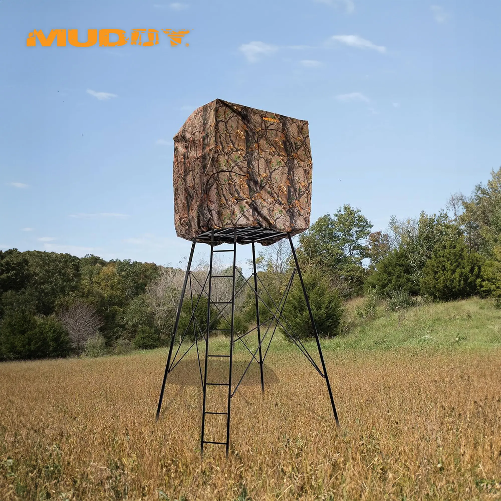 Muddy 12 Foot Quad Pod Ladder Stand with Large 57" x 57" Platform and Hunting Blind, Hunting Gear Deer Blind with 4 Windows, Epic Camo