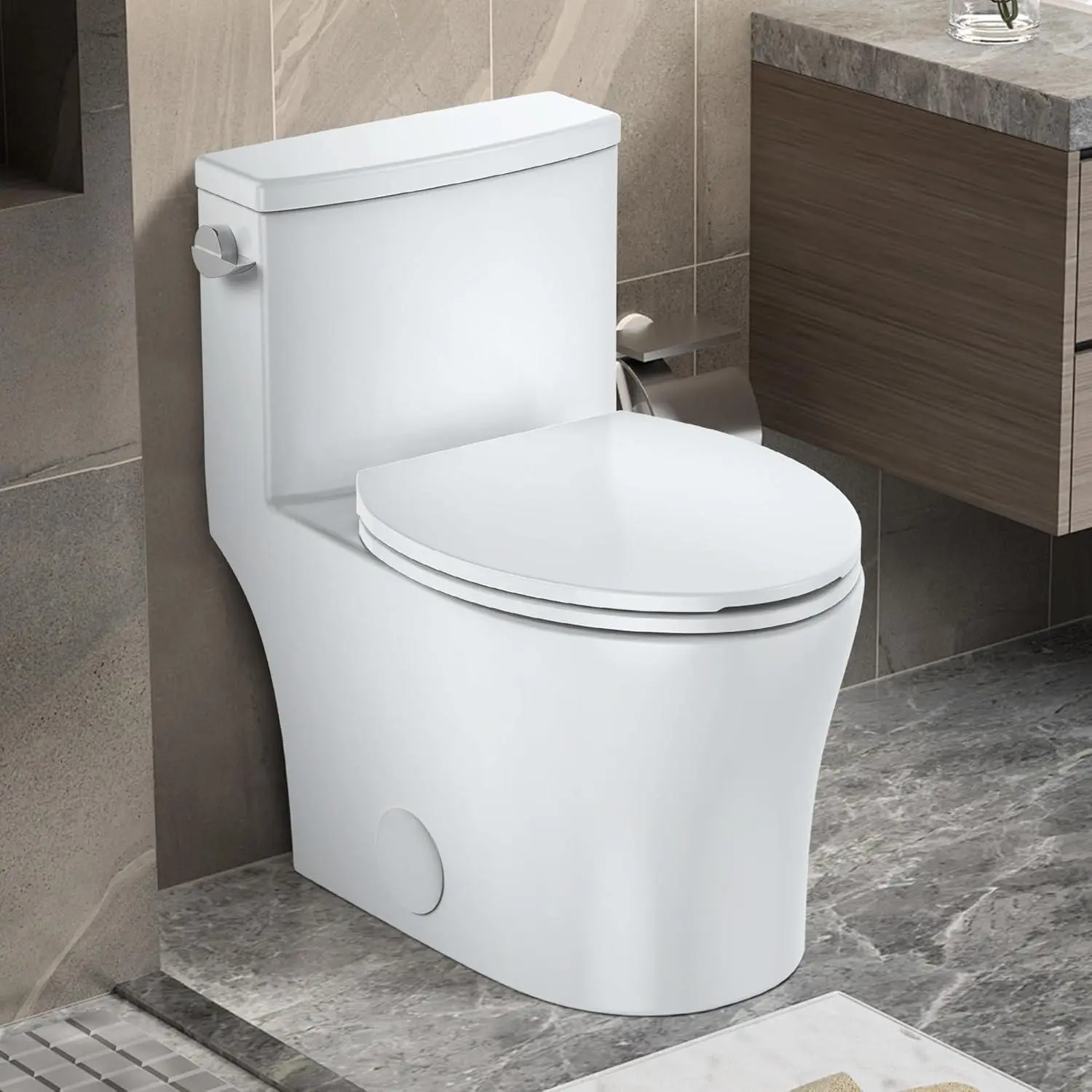 GARVEE Elongated 27" Length One Piece Toilet,1.28 GPF Single Flush Compact Toilet with Left-Hand Trip Lever,16" Comfortable Seat Height Toilet, 12" Rough-In