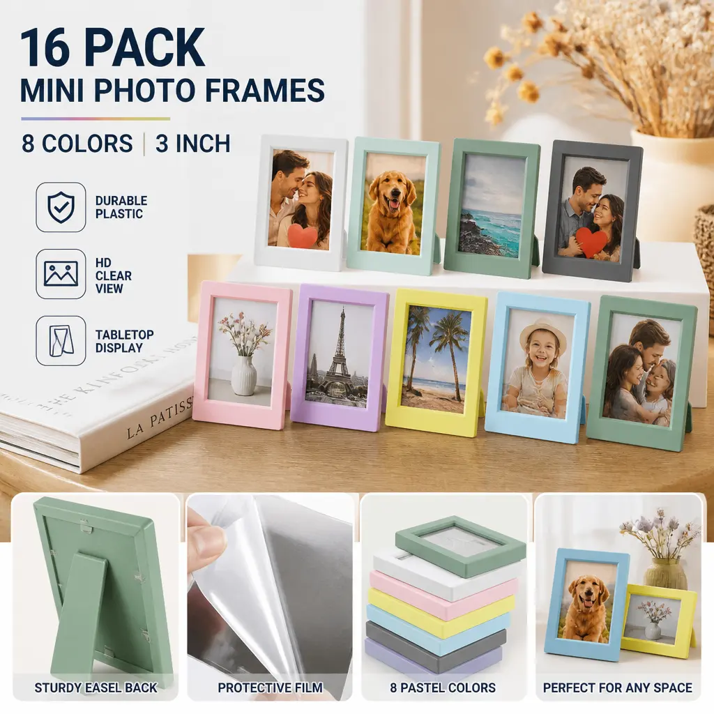 16pcs 2x3 Instax Mini Picture Frames - 8-Color Polaroid Photo Frames with Stand, Office Stationery for Home Office Desk Display, Room Decor
