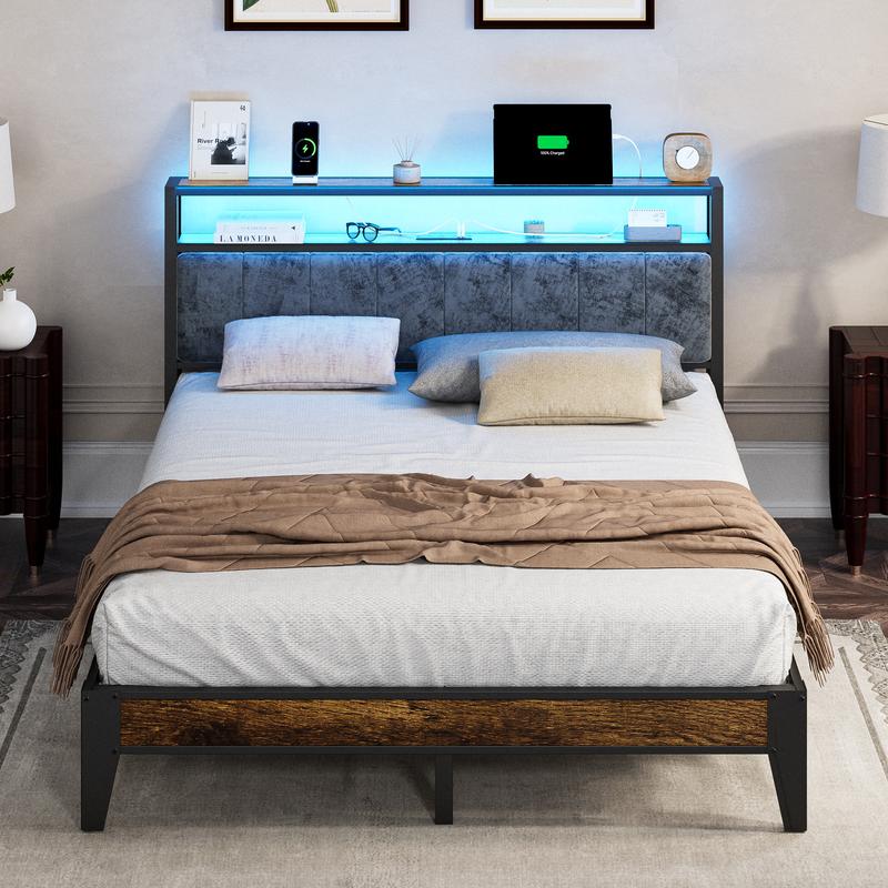 DAYAGO Twin/Full/Queen/King Bed Frame Metal Platform Bed with Headboard, 2-Tier Storage and LED Light, Charging Station Type C & USB Ports, No Box Spring Needed gamer  bed