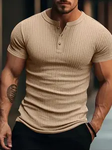 Men's Short Sleeve Ribbed Henley Shirt, Slim Fit Button Up Casual Tee, Soft Stretch Workout Top for Gym, Bodybuilding, Daily Wear & Vacation, Casual Workout Tops