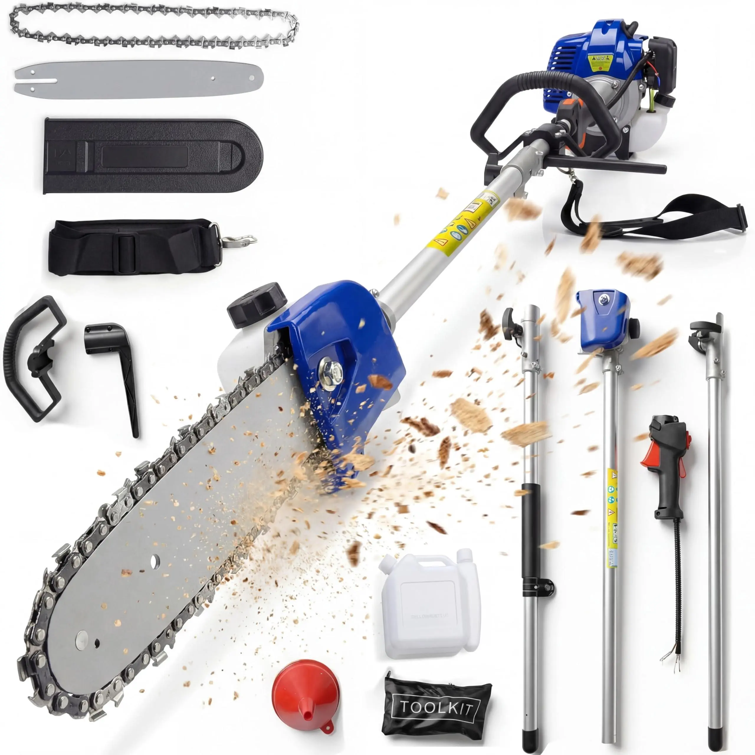 43CC 2-Stroke Gas Pole Saw with 12-Inch Bar, Gas-Powered Pole Chainsaw Reaches Up to 16 ft for Tree & Branch Trimming, 1200ml Fuel Tank