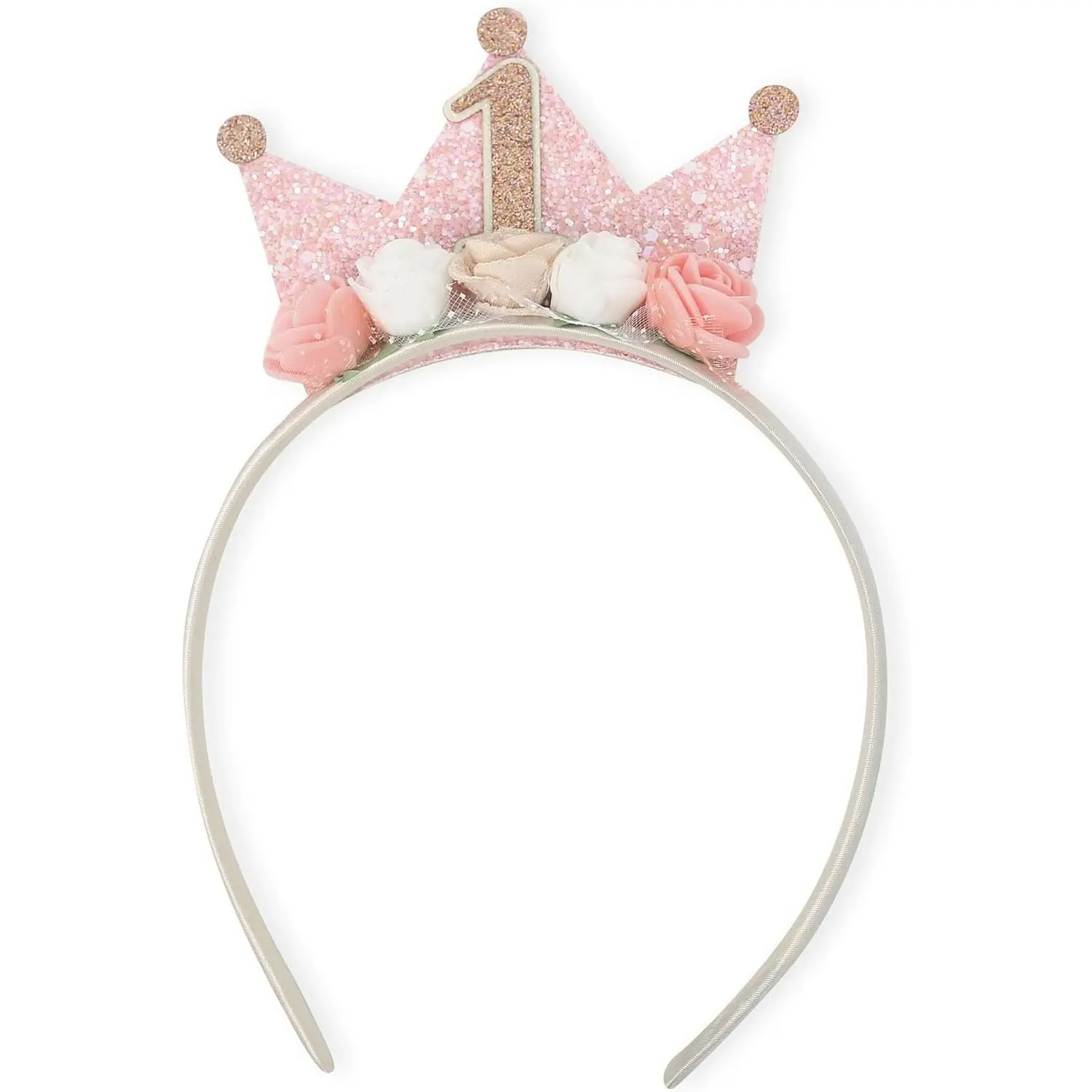 Sparkling 1st Birthday Princess Tiara Headband for Toddler Girls Age 1-6, Flower Crown Headband 1st Birthday Edition