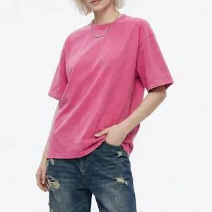 Yito Life Women’s Pink Acid Wash Heavy Cotton T-Shirt Short Sleeve Crewneck Casual Streetwear Basic Tee