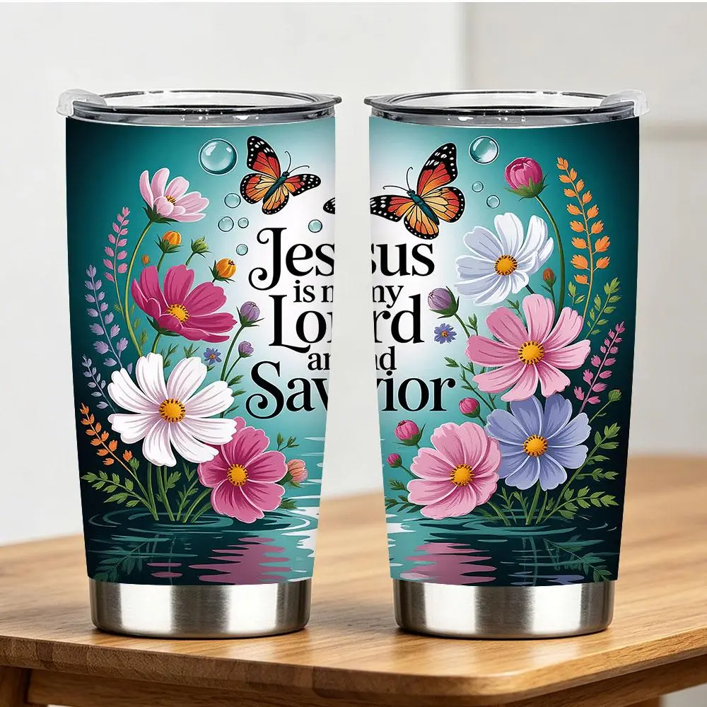 “Jesus Is My Lord And Savior” Faith Tumbler, 12/18/20/22/30/40 oz Stainless Steel Cup, Floral Religious Christian Inspirational Gift