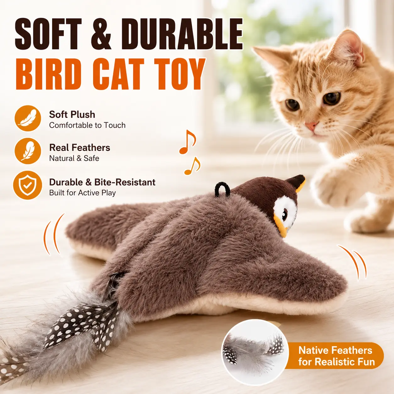Interactive Cat Toy, Chirping Bird Cat Toy, USB Rechargeable Cat Toy, Touch Activated Flapping Bird, Plush Bird Toy for Cats, Real Feather Cat Toy, Indoor Cat Exercise Toy, Kitten Hunting Toy, Pet Enrichment Toy, Bite Resistant Cat Toy