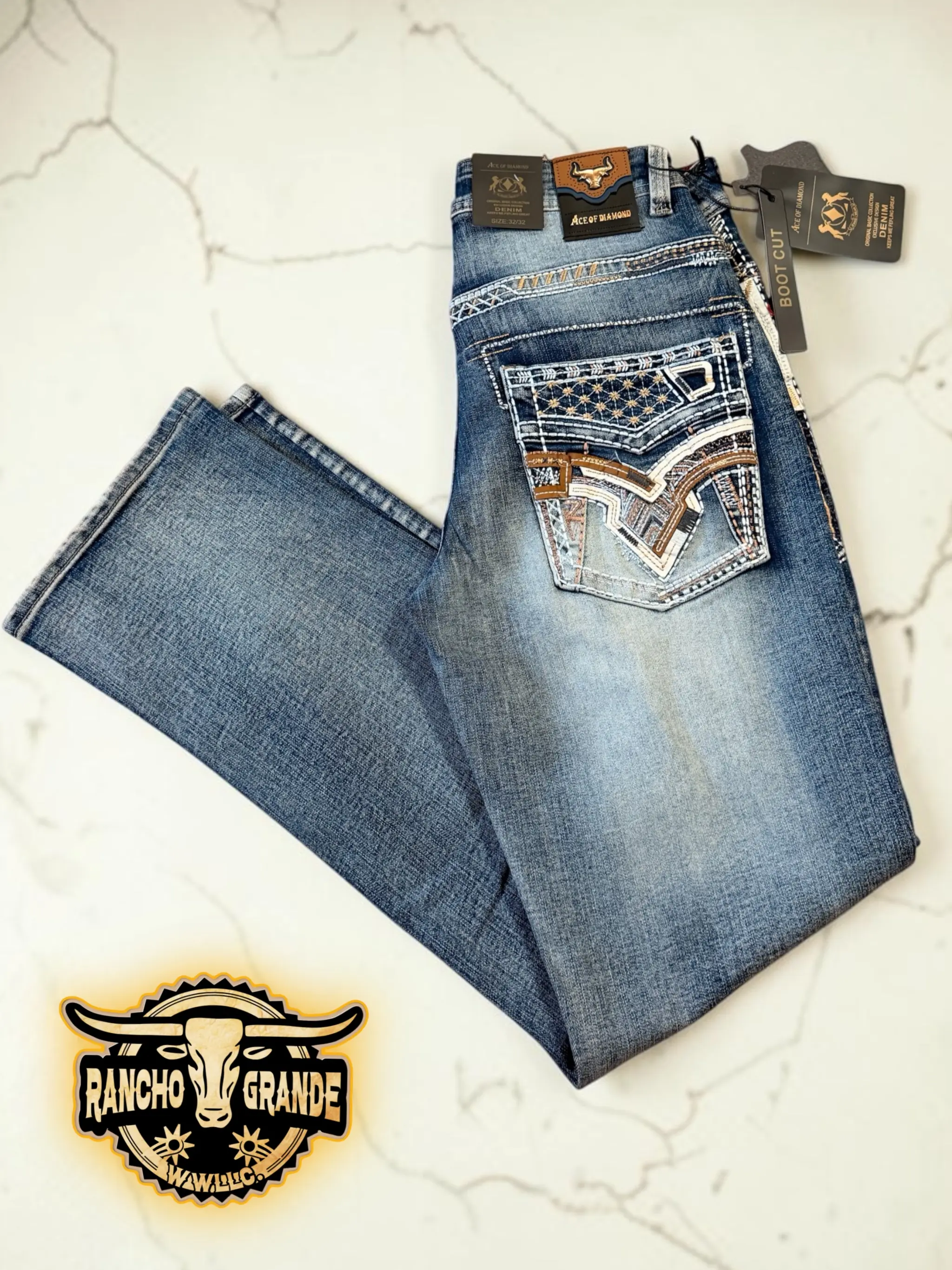 ACE - 1490 M. Blue Mens Western Cowboy Jeans Straight Fit Boot Cut / Pantalon Vaquero para Hombre Corte para Bota