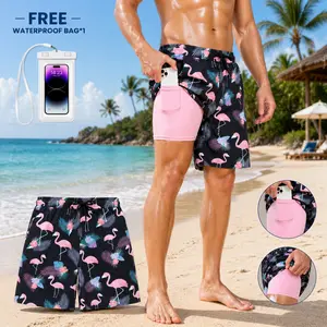 Mens 2 In 1 Swim Trunks Compression Liner Quick Dry Beach Shorts Zipper Pockets No Chafing Boardshorts Hydrophobic Tech Fabric Swimming Surfing Water Sports Breathable Anti Odor Summer Vacation Pool Party Swimwear Drawstring Waist Athletic Shorts Perform