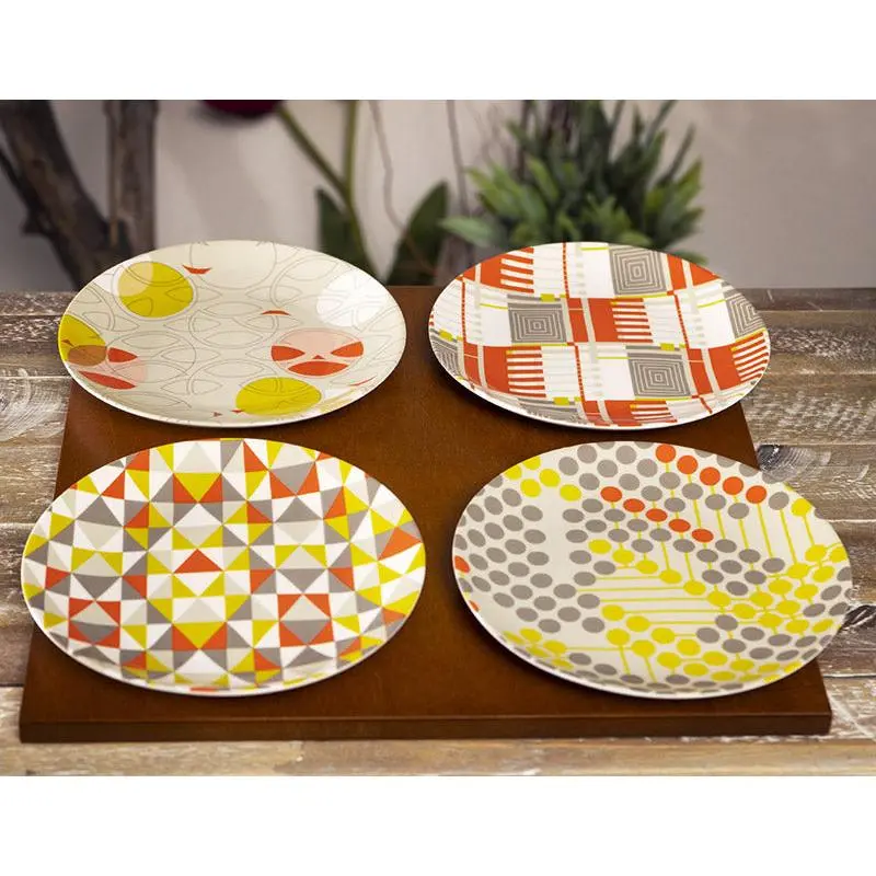 Frank Lloyd Wright Textile Taliesin West Yellow Ceramic Dessert Plates, 4-Pack Pottery Line, Modern Ceramic Dinnerware for Home Cutlery Tableware