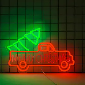 USB Powered Neon Sign, Merry Christmas Truck Neon Sign, LED Glowing Wall Mounted Neon Light, Decorative Light for Home, Coffee Shop, Restaurant, Game Room