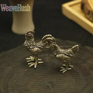 Solid Brass Chinese Zodiac Rooster & Hen Figurine Set, Feng Shui Chaoyang Rooster Statue, Lucky Golden Chicken Desktop Tea Pet, Exquisite Home Living Room Office Decor Ornament for Wealth & Good Fortune