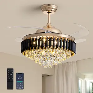 52" Large Luxury Crystal Ceiling Fan with Light and Remote Control, Crystal Chandelier Fan LED Dimmable, Modern Retractable Invisible Ceiling Fan for Living Room Dining Room Foyer Hotel