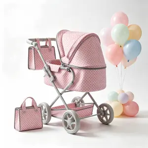 2-in-1 Convertible Doll Stroller with Removable Bassinet, Pink Polka Dot Toy Stroller for Toddlers, Fits 20" Dolls, Lightweight Foldable Pretend Play Stroller with Storage Basket & Bag