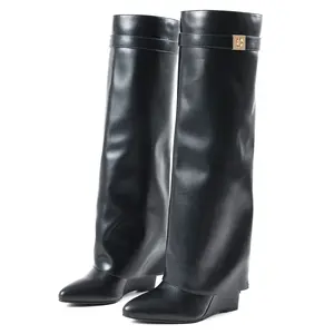 CYNLLIO Womens Fold Over Knee High Boots Pointed Toe Chunky Wedge Heels Pull On Comfy Fashionable Wide Calf Elegent Outing Clubbing Event Casual Work Daily Dress Spring Summer Shark Fashion Boot