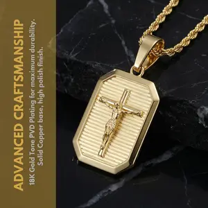Sunselle 18k Gold Plated Premium Niche Jesus Crucifix Pendant Square with High Strength Rope Chain, PVD Plating, Perfect for Daily Wear or Gifting, Endurable, Unisex. Water Proof, Steetwear Cross, Vintage Aesthetic, No fading, No Tarnishing