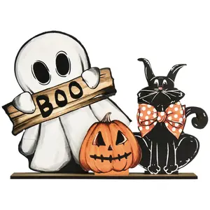 Halloween Wooden Table Decorations, Pumpkin Ghost Boo Cat Standing Centerpiece, Desktop Stand and Indoor Party Decoration