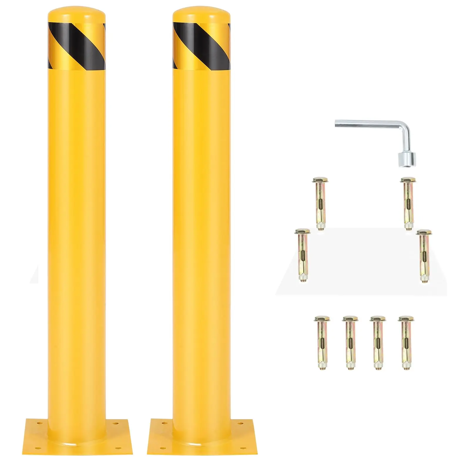 Safety Bollard, 48 in Height Bollard Post, 4.5 in Diameter, Yellow Steel Safety Bollard with 8 Anchor Bolts, Perfect for Traffic Control, Driveway Barrier, Parking Pole, 2 Packs