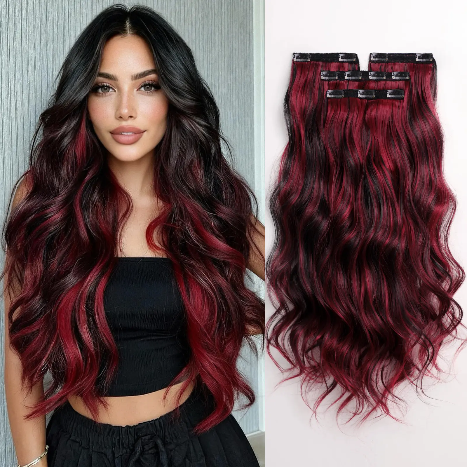 Women's Premium Synthetic Clip Hair Extensions - 4PCS Weft Pieces, Thick Wavy Long Volume, American-Style Highlights, for Thin Hair, Rock Edgy Casual Looks