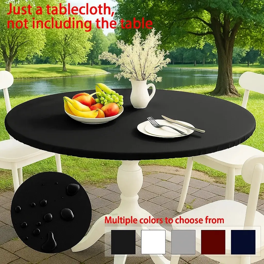 1pc Round Solid Color Table Cover, Vinyl Waterproof Oil-Resistant Easy Clean, Rubber Band Flannel Backing Non-Slip, Outdoor Indoor Use