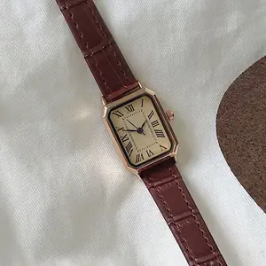 Vintage Women's Quartz Watch, Classic Casual Design, Leather Strap, Rectangular Dial, Fashionable Ladies' Timepiece, Elegant Quartz Watch
