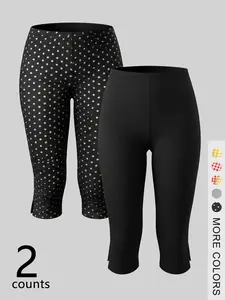 Women's High-Waisted Capri Leggings Set, Solid Color & Polka Dot Print, Comfortable Casual Sporty Pants, Ideal for Daily Wear