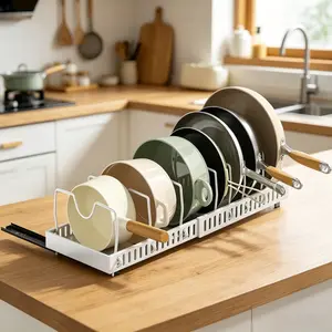 Under-Cabinet Pull-Out Pots and Pans Organizer, Expandable Kitchen Utensils Storage Rack with 12 Adjustable Dividers, Multi-Purpose Holder for Lids, Cutting Boards, Plates, Baking Trays, Kitchen Accessories