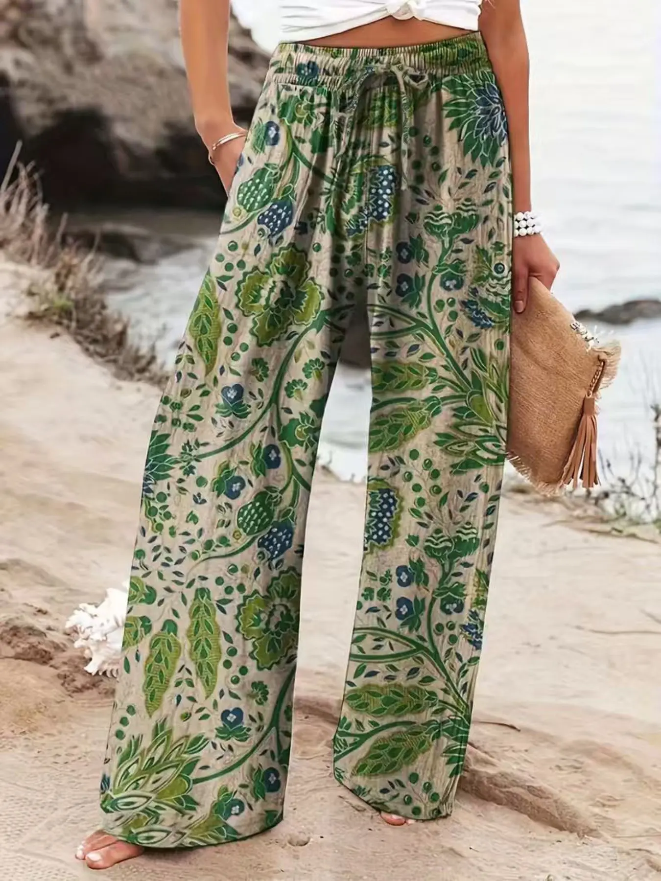Women's Fashion Bohemian Boho Floral Print Loose Wide-Leg Pants, boho festival trousers, Comfortable and Stylish Artistic Bottoms, Suitable for All Seasons, Smooth Texture, Perfect for Casual Outing