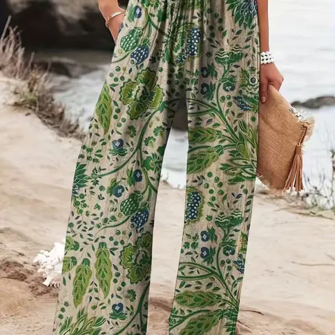 Women's Fashion Bohemian Boho Floral Print Loose Wide-Leg Pants, boho festival trousers, Comfortable and Stylish Artistic Bottoms, Suitable for All Seasons, Smooth Texture, Perfect for Casual Outing