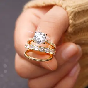 3PCS Gold Alloy Engagement Ring Set for Women – Elegant Wedding & Anniversary Jewelry | Valentine’s & Birthday Gift for Her