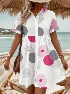 Plus Size Women's Geometric Print Collared Shirt Button Dress, Casual Short Sleeve Waist-Cinching Vacation Dress for Summer Casual Wear