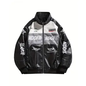 [Leather Biker Jacket] Green & Black Men's PU Leather Biker Jacket - Color Block Racing Style with Zipper Closure, Stand Collar, Bird Sleeve Casual Fabric Menswear Coats Polyester Tops ��Red��