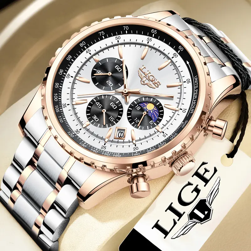 LIGE Men's Multifunction Stainless Steel Watch with Large 46mm Round Face, Waterproof Quartz Movement and Luminous Display, Analog Quartz Watch, Circular Shape, Large Dial
