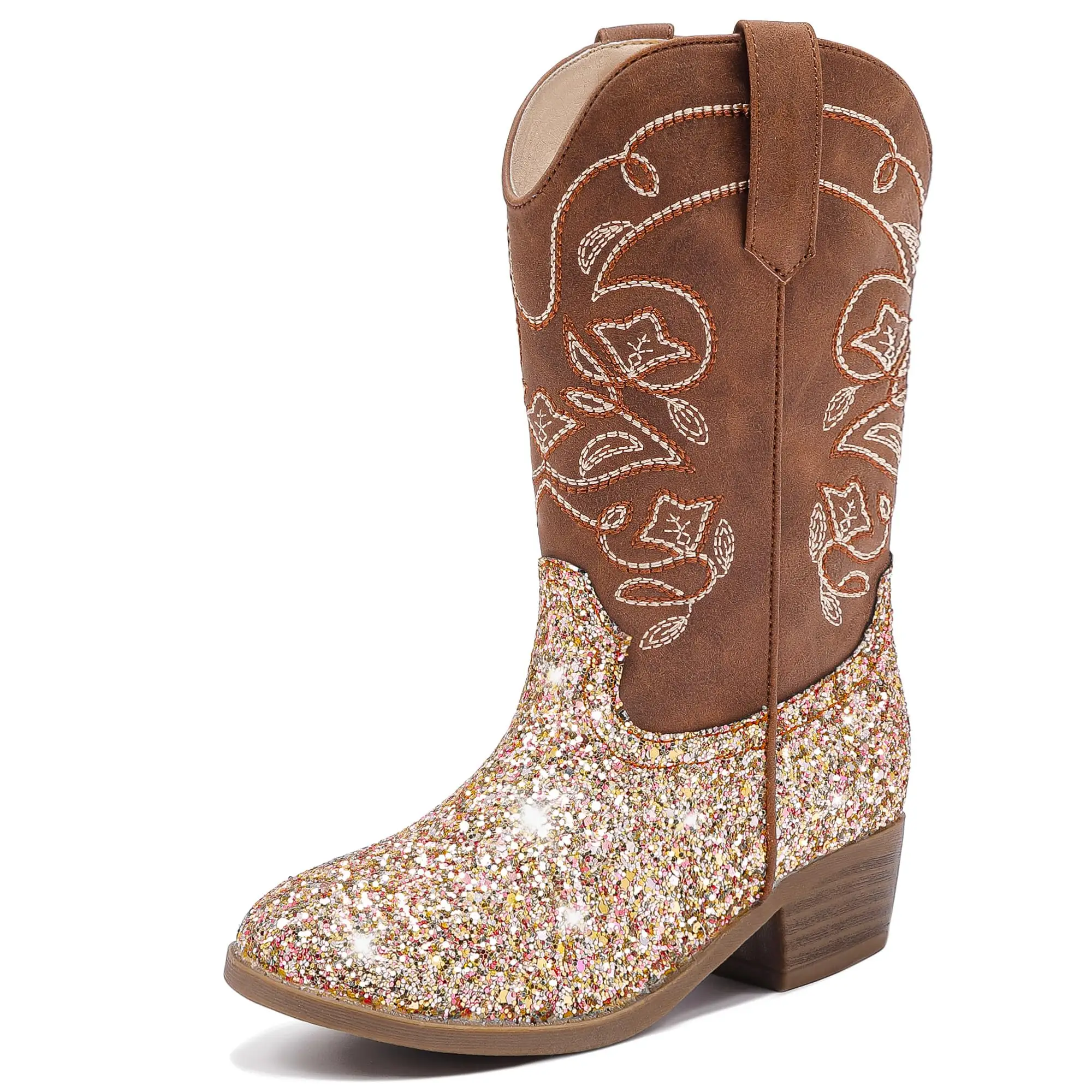 Cowgirl Boots for Girls Mid Calf Youth Girl Cowboy Western Boots Pointed Toe Embroidered for Horse Riding Country Party Toddler Little Big Kids (Brown