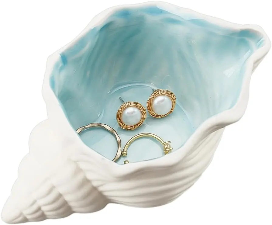 Conch Shape Ceramic  Tray, Aqua Shell Trinket Dish Ceramic Ring Earring Holder -themed Decorative Trinket Plate for Rings Earrings Necklaces Bracelet  Watch