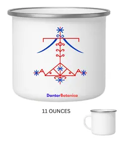 VEVE KODE LWA OGOU FERAY Kode loa Veve Hoodoo Vodou Voodoo hougan Manbo Wican Altar White Enamel Mug 11 OZ with Silver Rim Camping Travel Coffee Metal Mug Can be used as a gift for Christmas Thanksgiving Mother's Day Father's Day