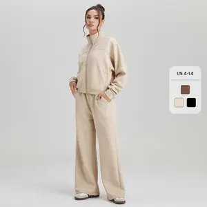 Women's Basic Mock Neck Contrast Binding Long Sleeve Sweatshirt & Wide Leg Trousers Co-ord Set & Separates, Sporty Zipper Tracksuit, Soft Going Out Outfits (CN)