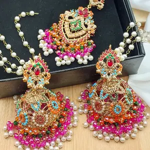 Nauratan Earnings with Tikaa, Multi colored Jhumka Earnings, and Tikaa, Traditional Pakistani Jewelry