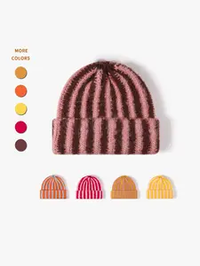 Women's Korean Style Colorblock Striped Knit Beanie Hat, Fitted Design, Thick Warm Double Layer Wool Blend Hat Fall & Winter