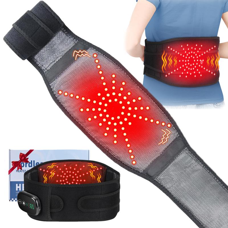 Cordless Lower Back Massager, Waist Heating Pad, Shoulder Heating Pad, LED Belt with 3 Levels Heat & Vibration, 5000mAh Heated Back Wrap Strap for Dad Mom Gifts, Portable Heating Pad
