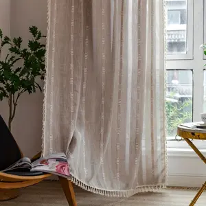 nb 2pcs Boho Curtains Modern Farmhouse Linen Tassel Window Curtain Semi-Transparent French Country Chic Draperies For Bedroom bn Living Room Home Decor