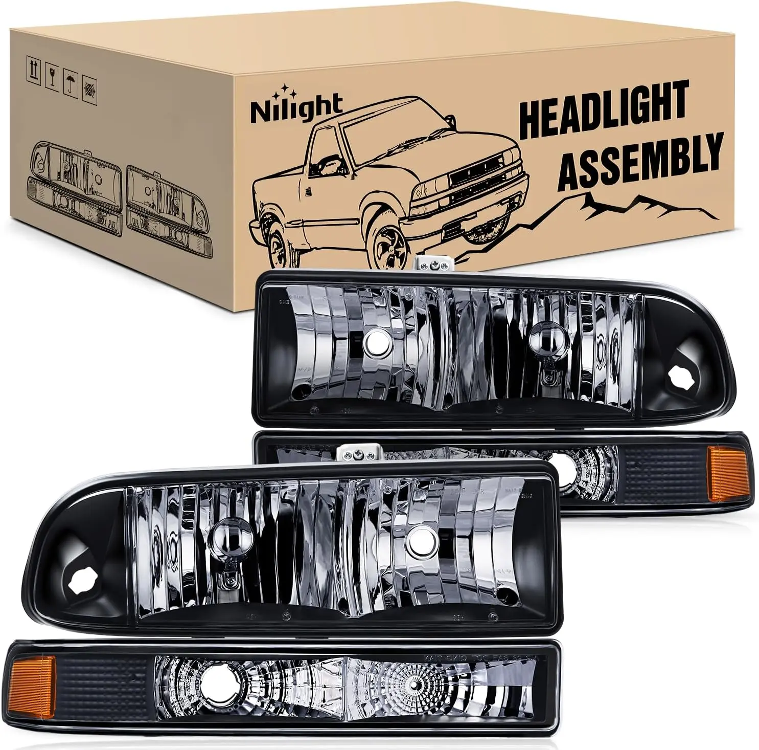 Nilight Plug-and-Play DOT Certified Headlight & Bumper Light Housing Set - IP65, UV-Resistant ABS Plastic, OE-Standard Replacement for 1998-2005 Chevy Blazer, 1998-2004 Chevrolet S10 Pickup, Night Driving Upgrade