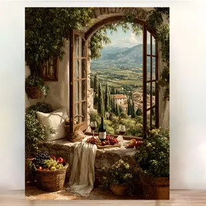 1 Piece Tuscan Vineyard Window View Framed Art - 30.48x 40.64cm Country Italian Style Wine and Fruit Still Life, Suitable for Cozy Kitchen and Dining Room Decoration, Mediterranean Home Decor, 2D Graphic Design, Perfect Room Decoration