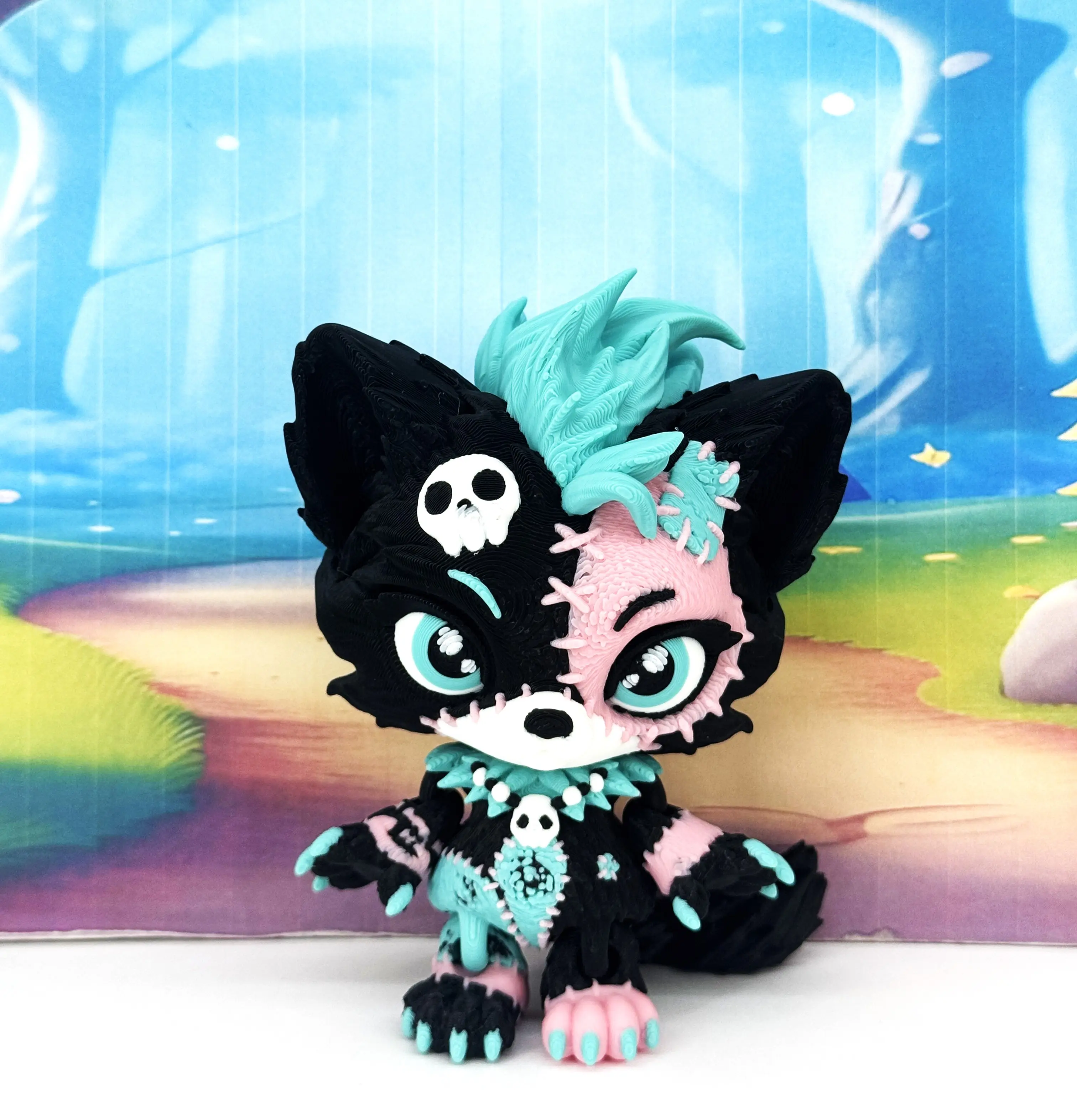 Patchwork Lupa, 3D Printed Posable She Wolf Gothic Desk Buddy, 4" Black Articulated Spooky Decor