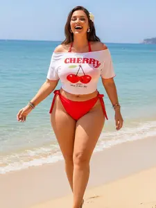 Women's Plus Size 3-Piece Cherry Bikini Set, Tummy Control High-Waist, Off-Shoulder Cover Up, Adjustable, Curvy Girl Approved, 1X-4X, 2026 Summer Swimwear Must-Have