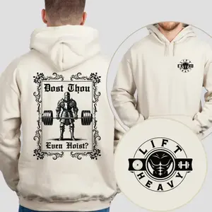 Dost Thou Even Hoist Hoodie, Medieval Knight Deadlift Gym Hoodie, Funny Weightlifting Humor Pullover, LIFT HEAVY Chest Logo, Vintage Gothic Fitness Hooded Sweatshirt, Unisex Workout Gift