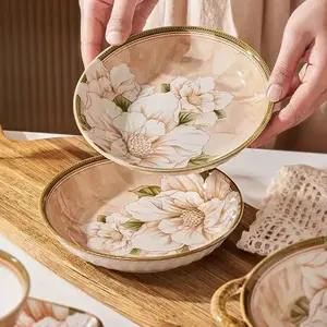 Set of 4 Ceramic Plates, 8 Inch Camellia Design, Durable Daily Use Dinnerware, Pasta Salad Dessert Fruit Plates, Home Dorm Restaurant, Dishwasher Safe Tableware