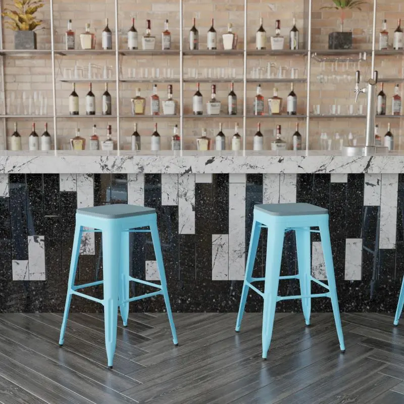 Flash Furniture 4-ET-31320-30-TL-R-PL2C-GG 30 in. Cierra Commercial Grade Backless Metal Indoor Bar Height Stools with All-Weather Poly Resin Seats, Teal & Blue - Set of 4