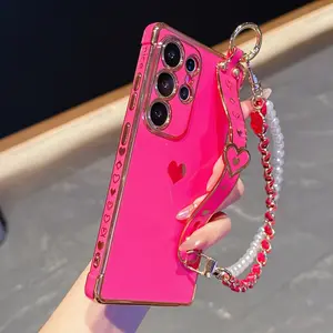 1pc Heart Design Phone Case Cover with Wrist Strap & Detachable Camellia Lanyard, Soft Tpu Protection for Samsung Galaxy S20-S26 Series, Accessories, soft TPU protective shell, is the birthday, Christmas, and friends of the fashion gifts good choice.