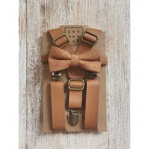 Vintage Tan Cotton Bow Tie and Vintage Tan Suspenders with Silver Clips